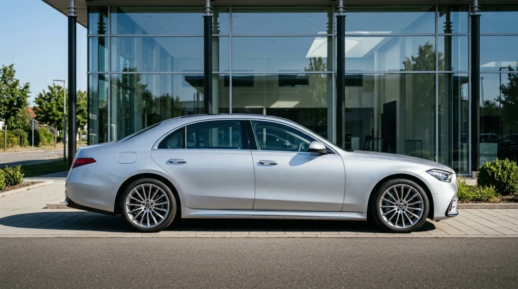 Mercedes-Benz S 400 d 4MATIC der Baureihe 223 vor einem Autohaus.
