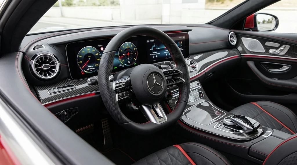 Digitales Cockpit eines Mercedes-AMG 63 mit Performance-Anzeige und Sportlenkrad