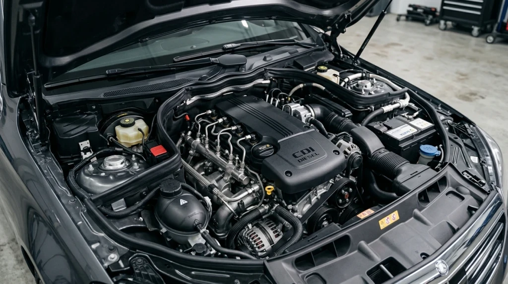 Blick in den Motorraum eines Mercedes-Benz mit CDI-Common-Rail-Dieselmotor
