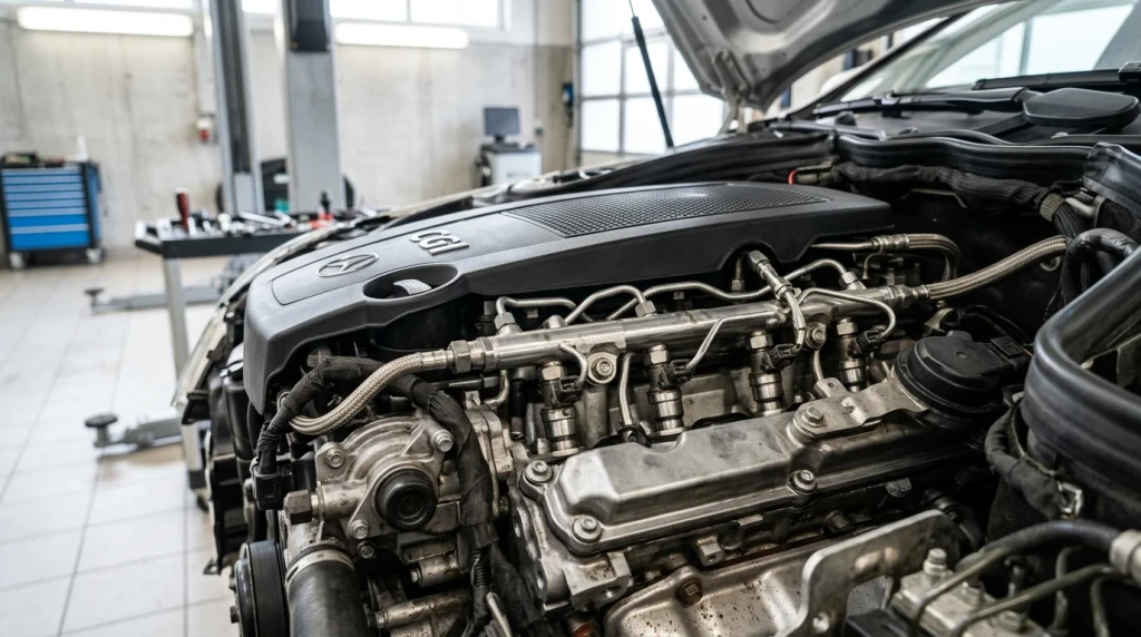 Nahaufnahme des Mercedes-Benz M271 CGI-Benzinmotors mit Hochdruck-Direkteinspritzung im Motorraum
