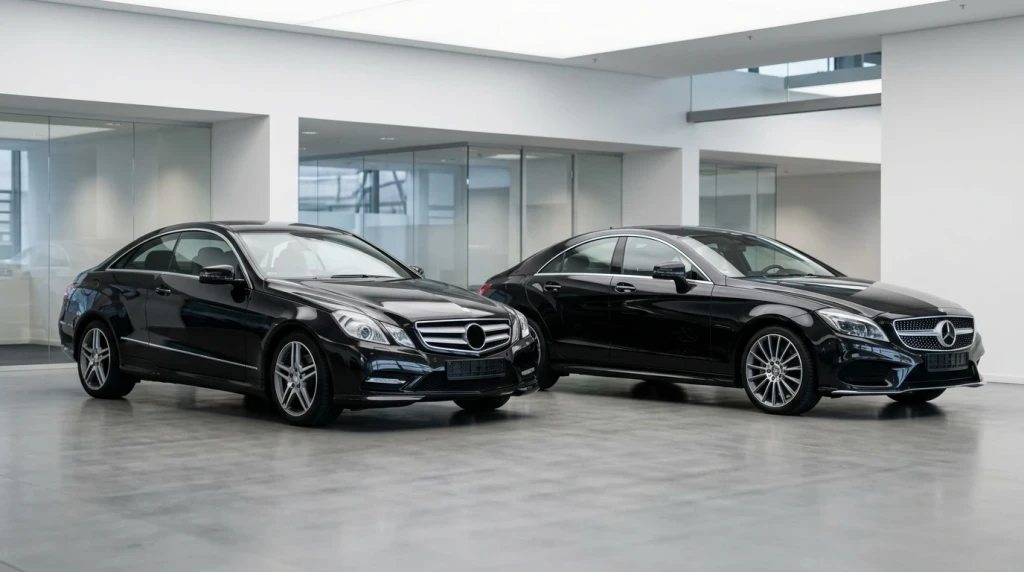 Schwarzes Mercedes-Benz E 250 CGI Coupé und CLS 350 CGI in einem deutschen Schauraum