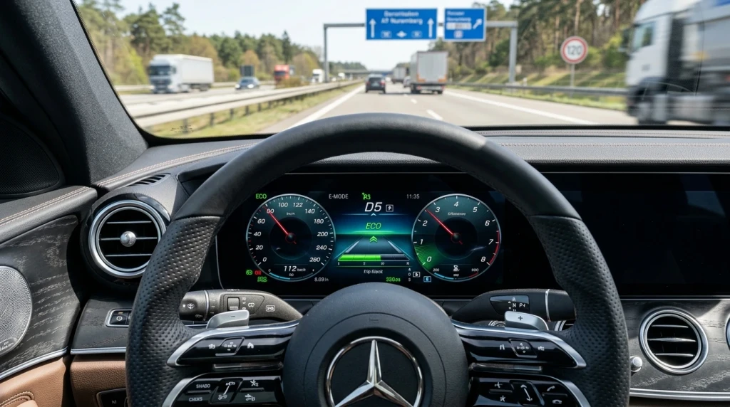 Cockpit-Display eines Mercedes-Benz mit ECO-Start-Stopp-Symbol und Schaltpunktanzeige