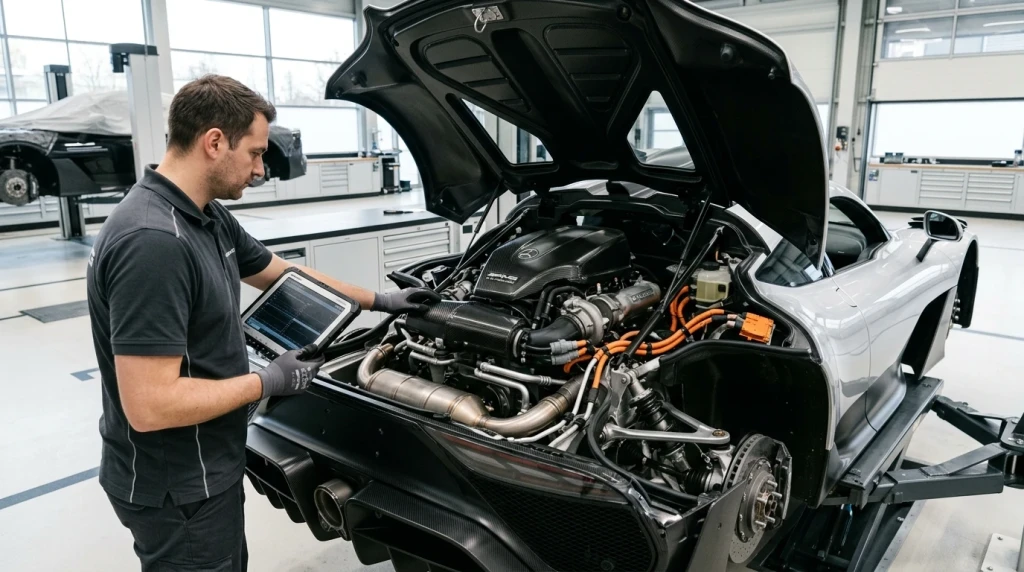Der V6-Formel-1-Hybridmotor und die elektrische Antriebstechnik im Heck des Mercedes-AMG ONE.