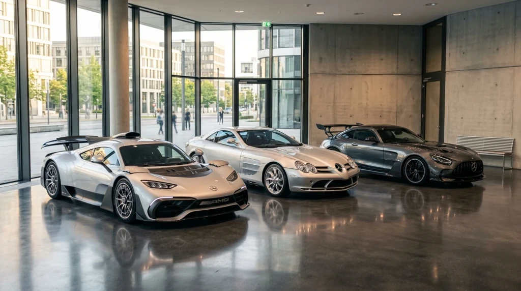Vergleich der schnellsten Mercedes-Serienmodelle vom AMG ONE bis zum SLR McLaren in einer Ausstellung.