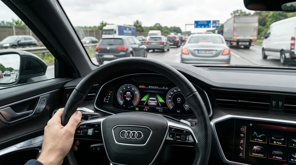 Anzeige von Distronic Plus im digitalen Cockpit eines Mercedes-Benz im Stau