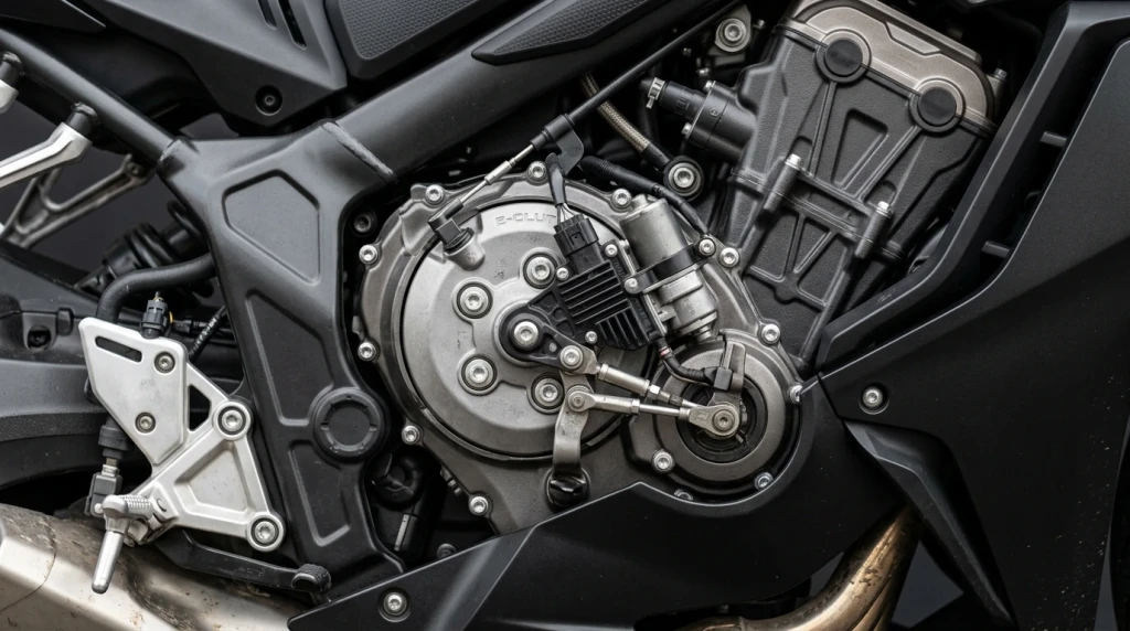 Detailaufnahme des elektronischen E-Clutch Aktuators am Honda Motorradgehäuse