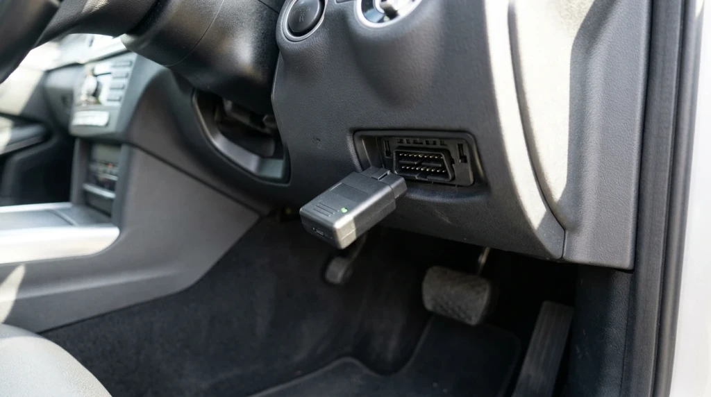 OBD2-Diagnosestecker im Fußraum für den Mercedes me Adapter