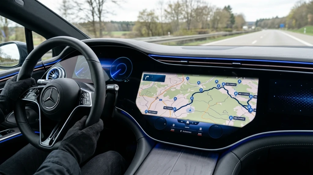 Das MBUX-Multimediasystem in einem Mercedes-Benz Elektroauto zeigt nahegelegene MB.CHARGE Public Ladesäulen auf der Navigationskarte.