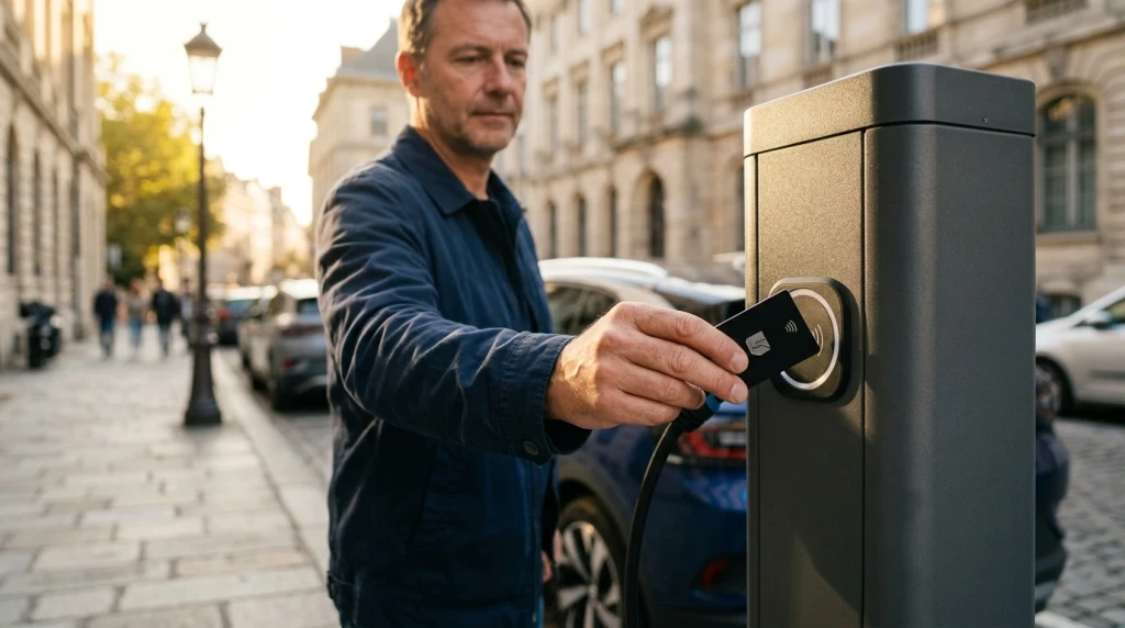 Ein Autofahrer hält die Mercedes me Ladekarte an den RFID-Leser einer städtischen Wechselstrom-Ladesäule.