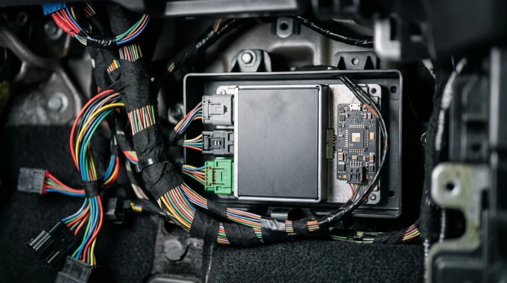 Nahaufnahme der Fahrzeugelektronik und des Kommunikationsmoduls KOM-Modul in einem Mercedes-Benz