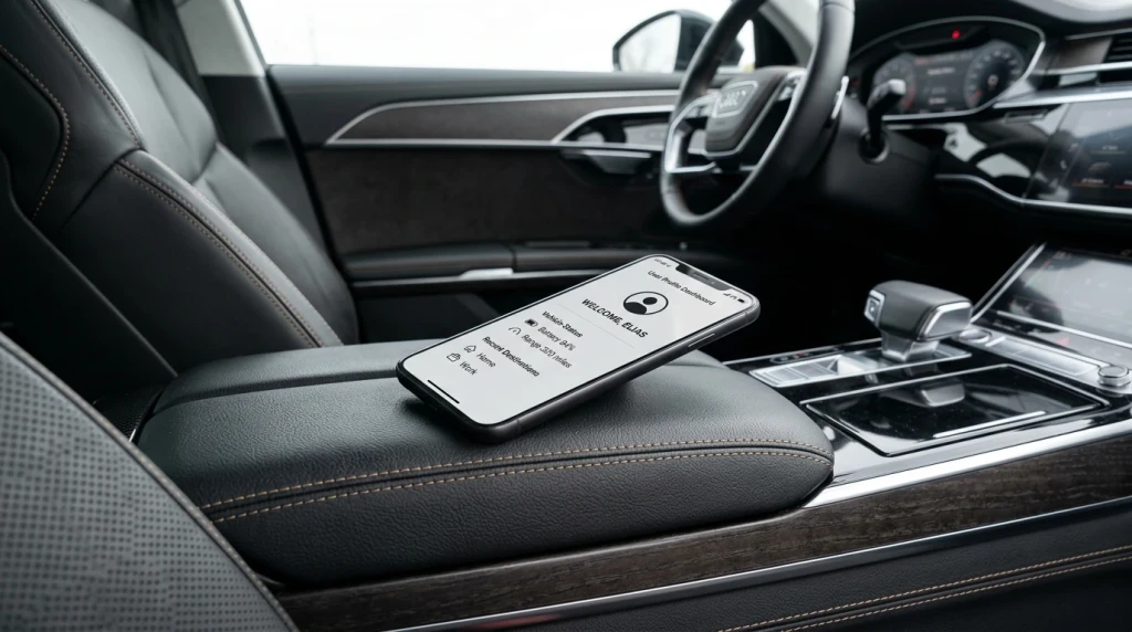 Smartphone auf einer Mittelkonsole mit Anzeige eines Kontodashboards für digitale Fahrzeugdienste
