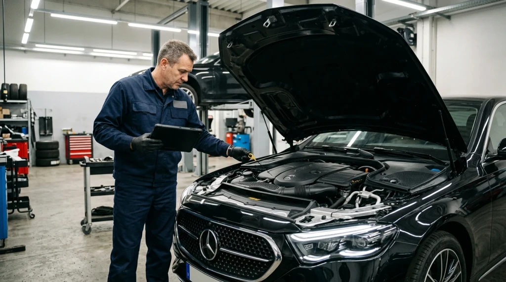 Inspektion und Motorölwechsel beim Mercedes Service A in der Werkstatt