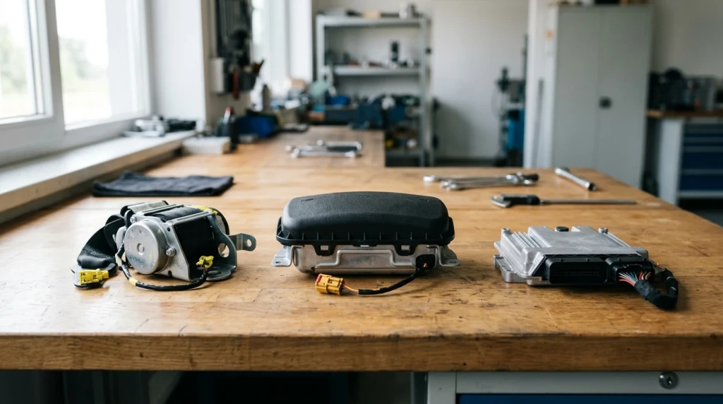 Komponenten des Mercedes SRS-Rückhaltesystems mit Airbagmodul und Gurtstraffer auf der Werkbank