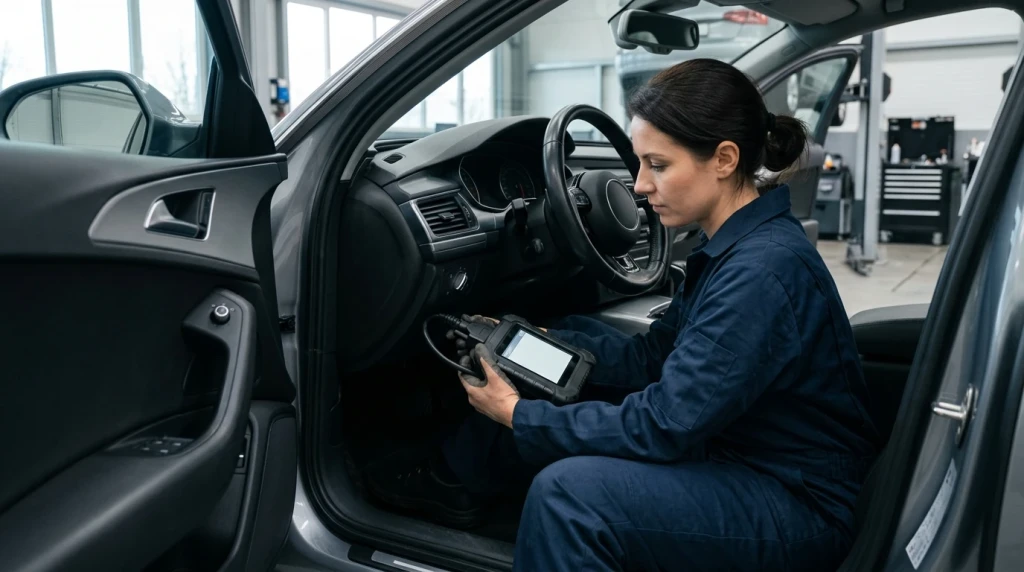 Kfz-Mechaniker schließt ein OBD-II-Diagnosegerät zur Fehlersuche des SRS-Systems an einen Mercedes an