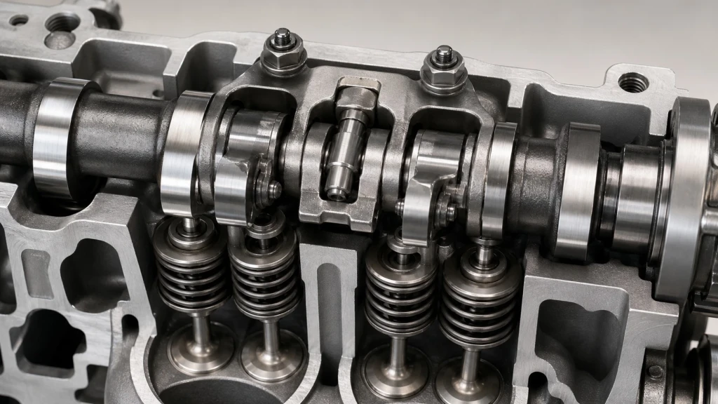 Technische 3D-Darstellung des VTEC-Kipphebelmechanismus mit Sperrschieber und Nockenwelle.
