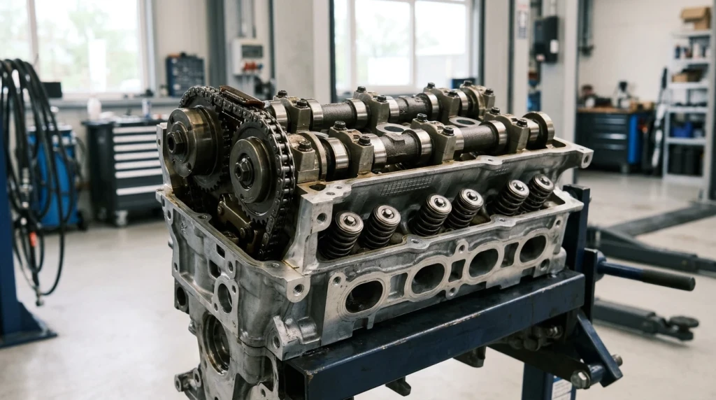 Nahaufnahme des Zylinderkopfs eines Honda 1.8 i-VTEC-Motors mit Blick auf Nockenwelle und Steuerkette.