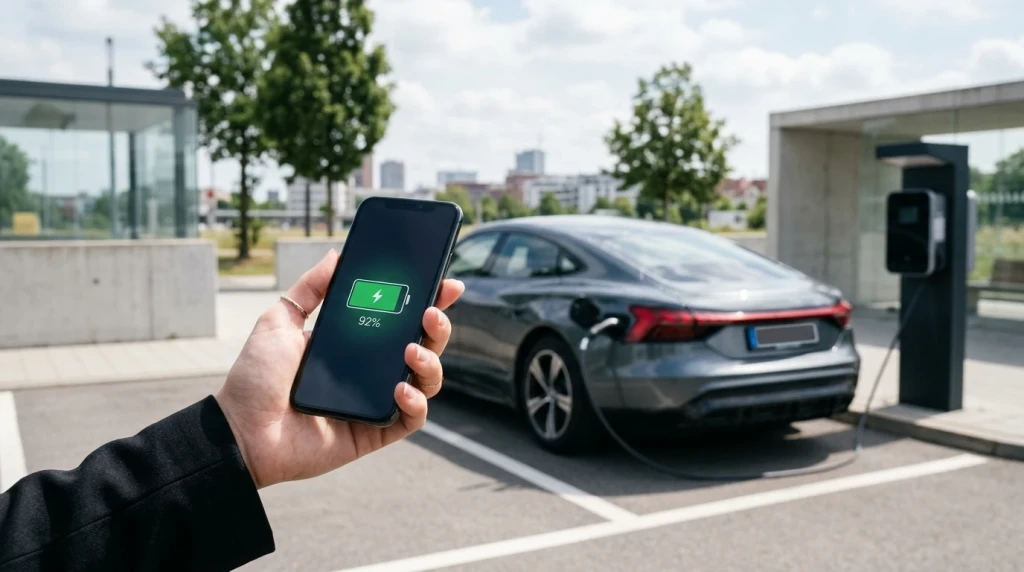 Smartphone-Display mit Statusanzeige zu Reifendruck und Akkuladung eines Mercedes-Benz Elektrofahrzeugs