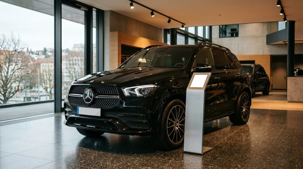 Mercedes-Benz GLE 350d im Verkaufsraum mit Preistabelle und Ausstattungsdetails.