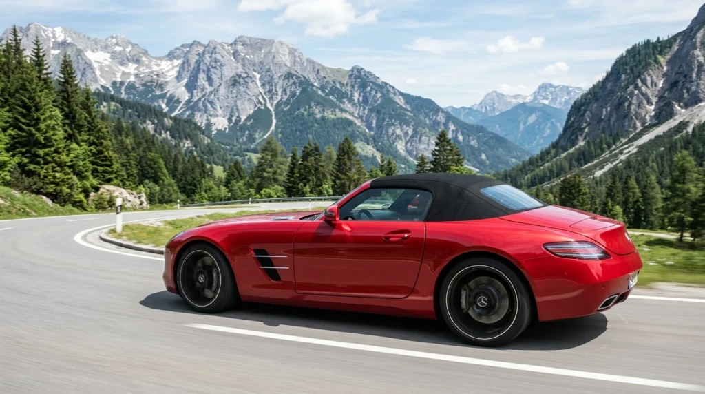 Roter Mercedes-Benz SLS AMG Roadster auf einer Alpenstraße in Deutschland