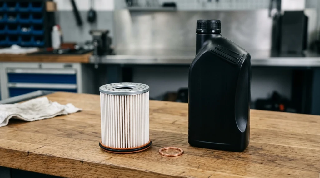 Neuer Ölfilter und Motoröl mit Mercedes-Benz Freigabe bereitgestellt für den Ölwechsel.
