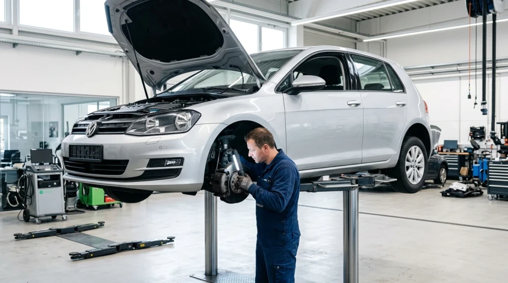 Durchführung des Service A mit Ölwechsel und Sichtprüfung an einer Mercedes-Benz A-Klasse auf der Hebebühne