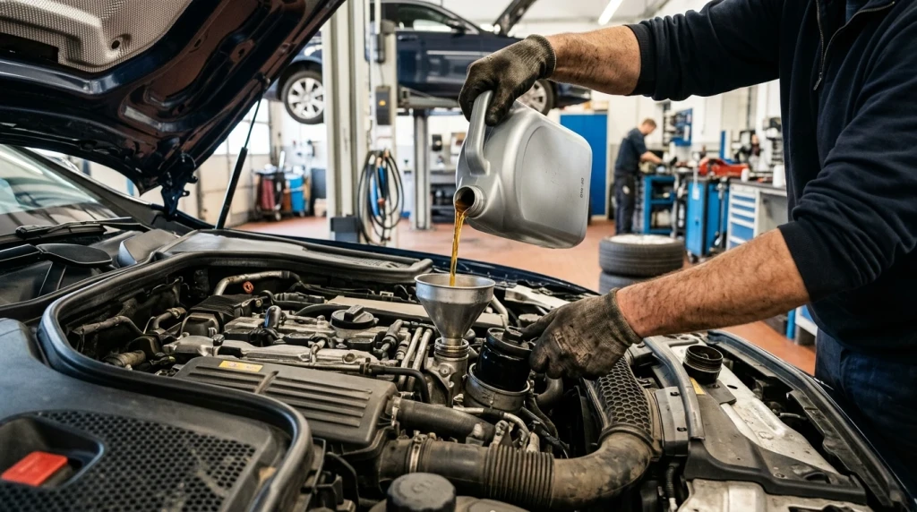 Wechsel von Motoröl und Ölfilter beim Mercedes Service B in der Werkstatt
