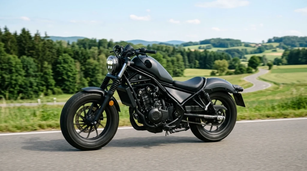 Honda CMX500 Rebel Custom-Cruiser auf einer Landstraße im Sparbetrieb
