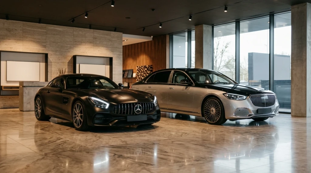 Moderne Ausstellungsfläche im Autohaus mit nebeneinander stehenden Modellen von Mercedes-AMG und Mercedes-Maybach