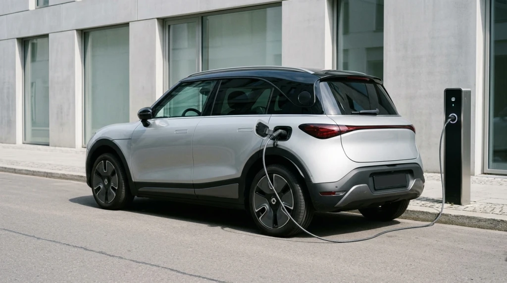 Kompaktes modernes Smart Elektroauto an einer öffentlichen Ladesäule in einer europäischen Stadt