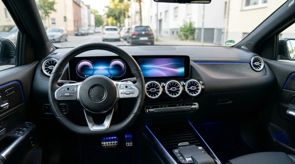 Modernes MBUX Cockpit der Mercedes B-Klasse W247 mit digitalen Bildschirmen.