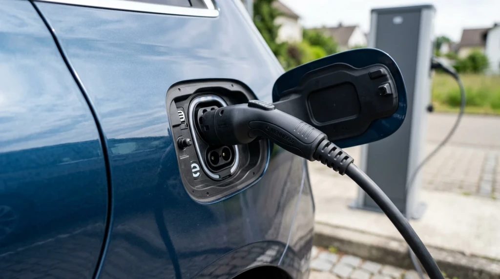 Ladeanschluss des Mercedes B 250 e Plug-in-Hybrid an einer Ladesäule.