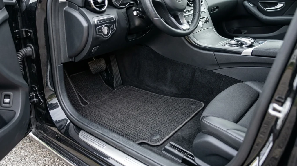 Original-Fußmatte mit Befestigungsösen im Fußraum der Mercedes C-Klasse W205