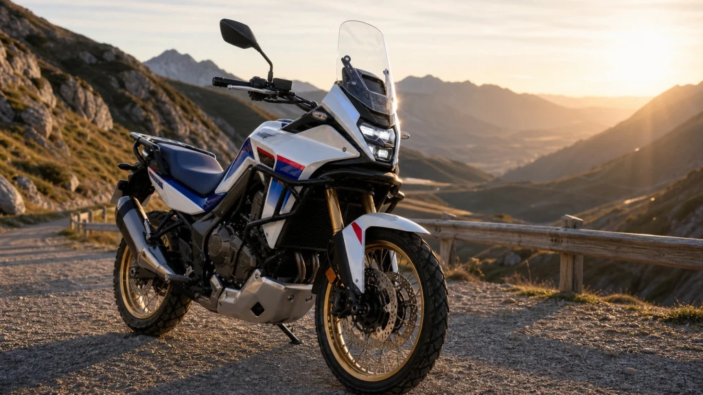 Honda XL750 Transalp Reiseenduro auf einer Bergstraße bei Sonnenuntergang