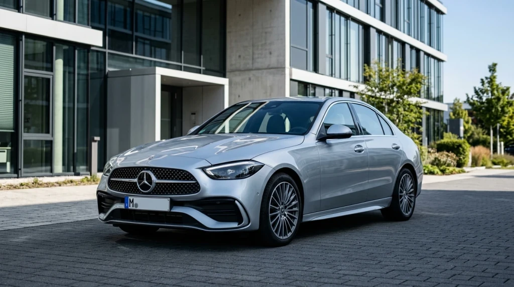 Mercedes-Benz C-Klasse W206 vor einem Gebäude zur Veranschaulichung der Kfz-Versicherungskosten