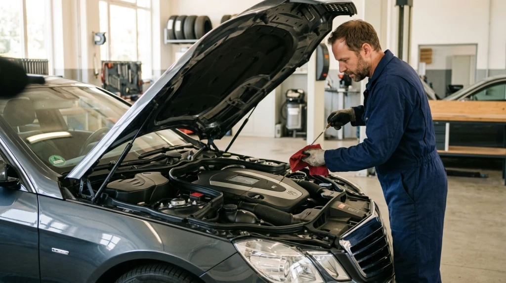 Welches Motoröl und wie viel Füllmenge mein Mercedes braucht: Mechaniker prüft den Ölstand im Motorraum einer E-Klasse.