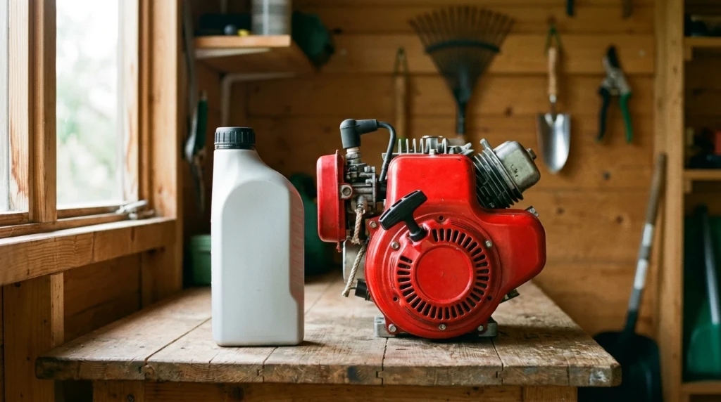 Welches Liqui Moly Öl passt zum Honda Rasenmäher? Flasche neben dem Motor