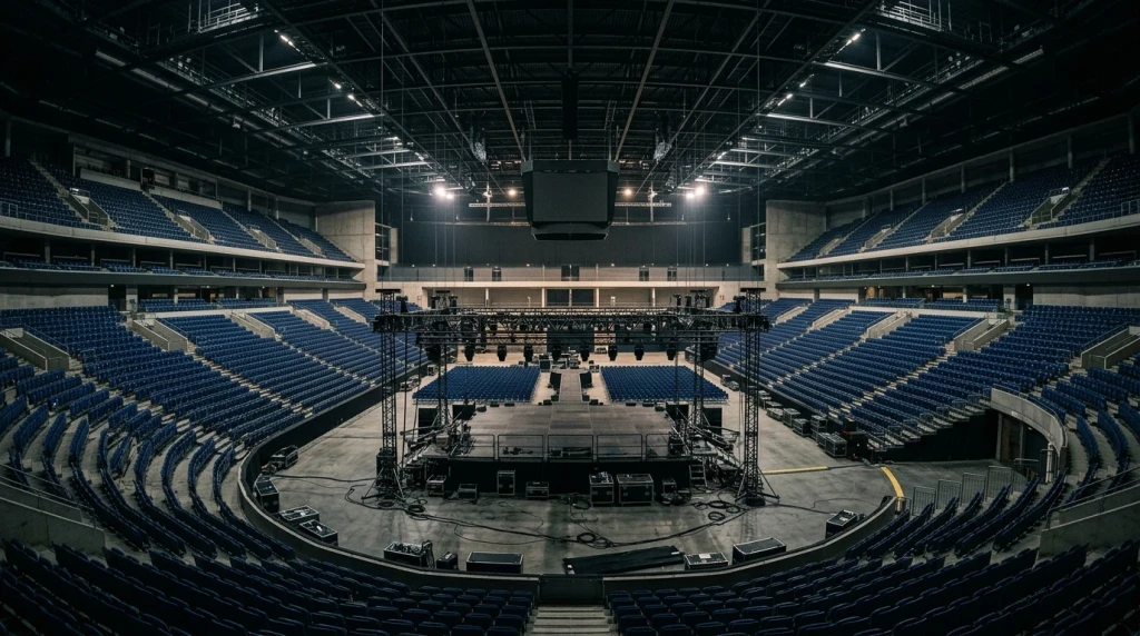 Innenansicht der Event-Arena in Berlin mit Tribünen und Bühnenbereich.