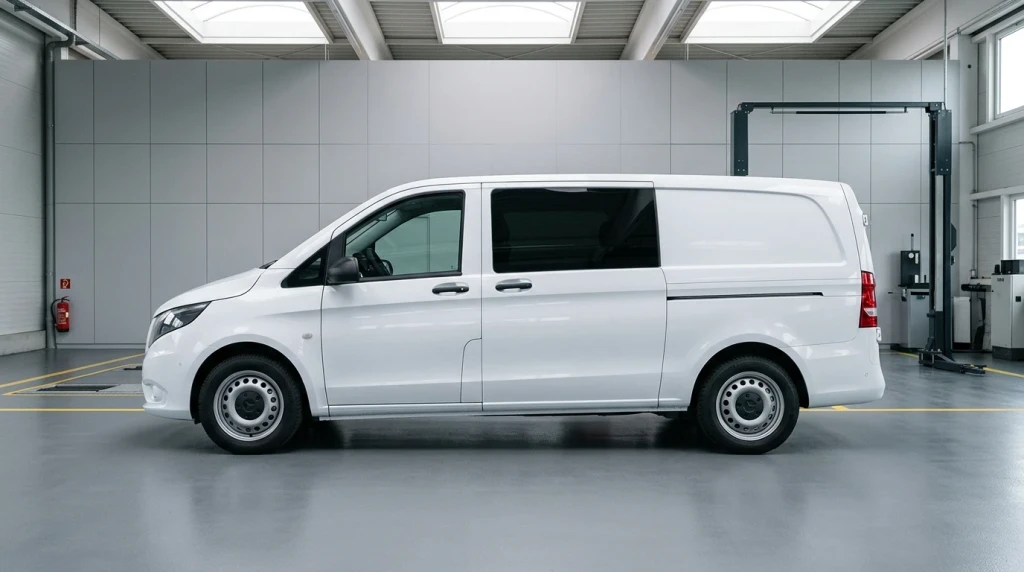 Seitenansicht und Höhenabmessungen des Mercedes Vito in einer Prüfstation