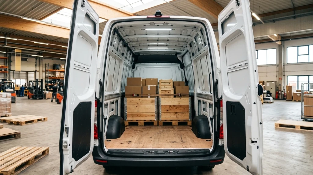 Innenraum und Laderaumbreite des Mercedes Sprinter mit Europalette zwischen den Radkästen