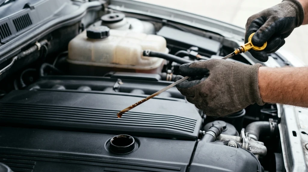 Ein Mechaniker prüft den Ölstand und die Ölqualität am Messstab.