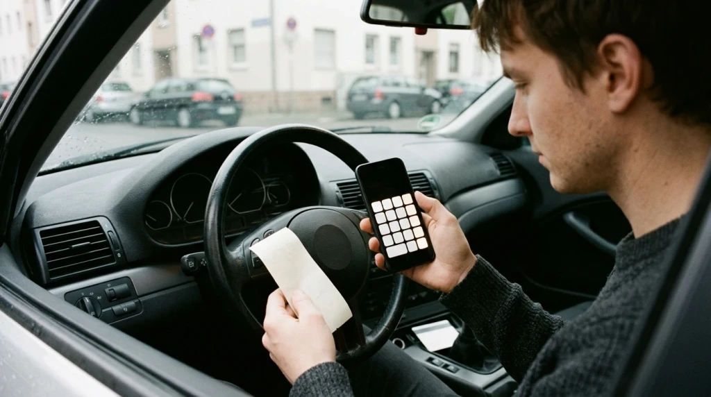 Eine Person berechnet den Benzinverbrauch pro Kilometer mit dem Smartphone anhand eines Tankbelegs.