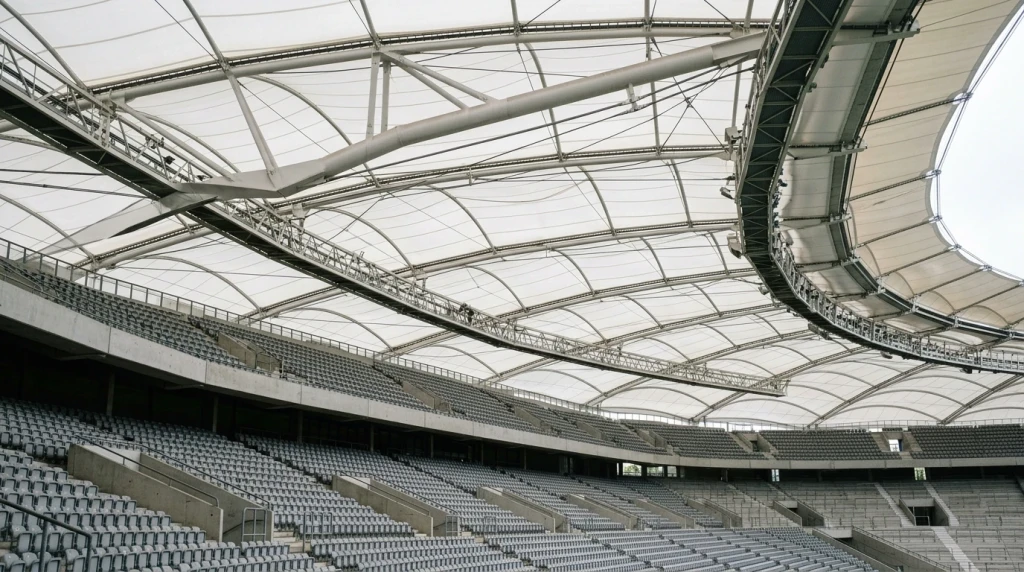 Die vollständige Membrandach-Überdachung der Zuschauerränge im Stuttgarter Stadion