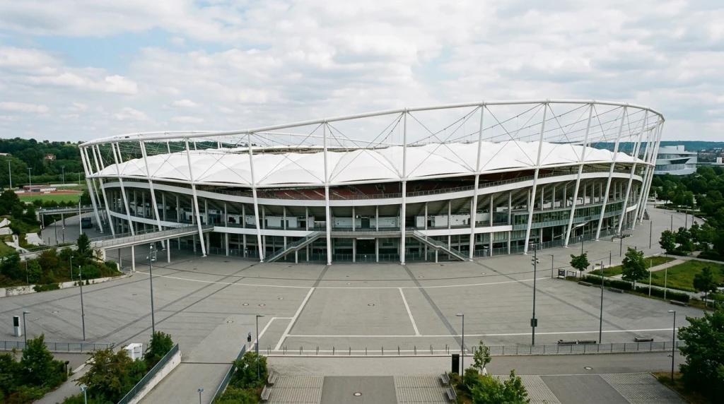 Außenansicht des Stadions im Stuttgarter Neckarpark an der Mercedesstraße