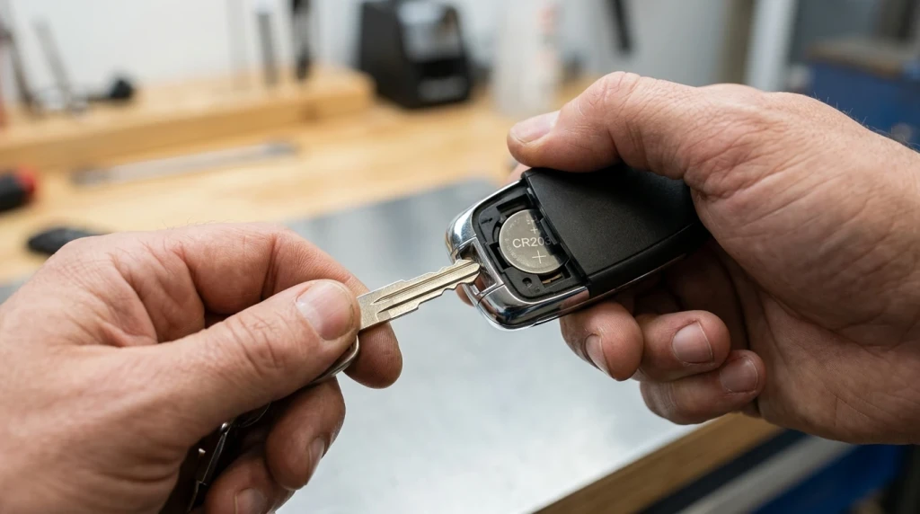 Notschlüssel aus dem Mercedes-Gehäuse entnehmen und den Akkudeckel entriegeln