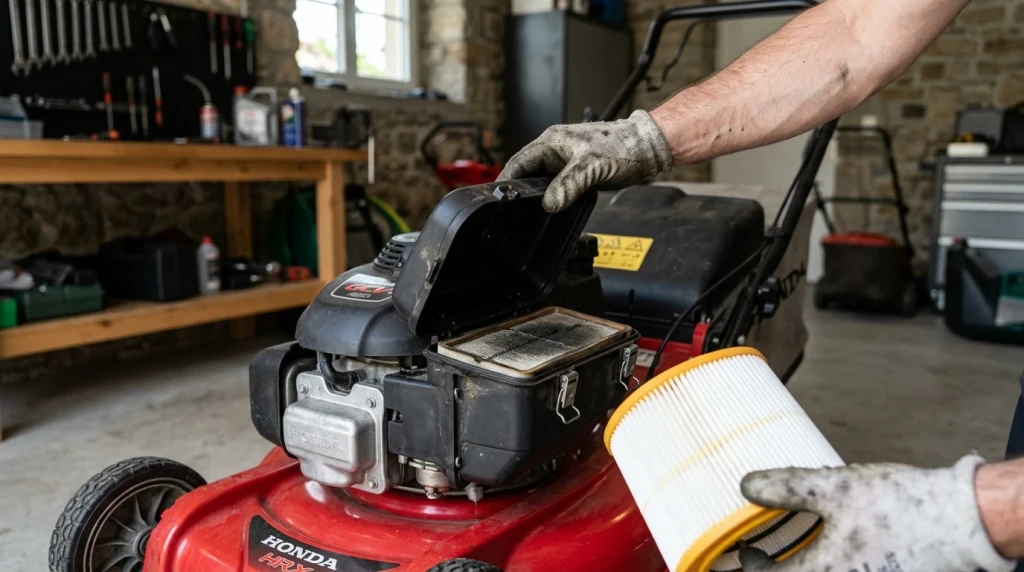 Öffnen des Luftfiltergehäuses am Honda-Rasenmähermotor zum Austausch des Luftfilter-Ersatzteils.