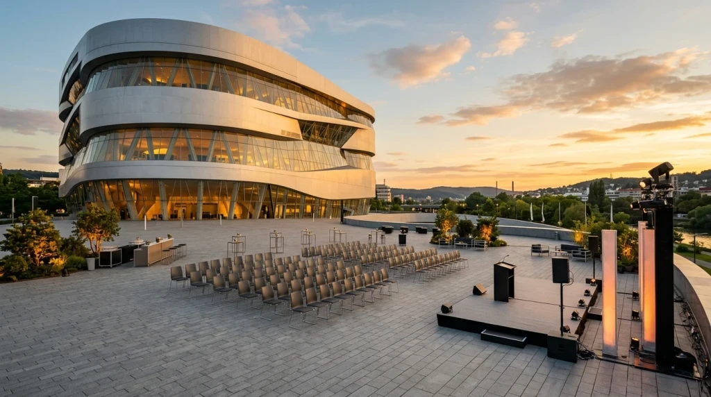 Open-Air-Veranstaltungsfläche auf dem Vorplatz des Mercedes-Benz Museums in Stuttgart