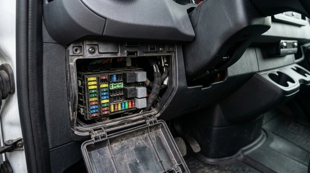 Hauptsicherungskasten beim Mercedes Sprinter links unter dem Armaturenbrett im Fahrer-Fußraum
