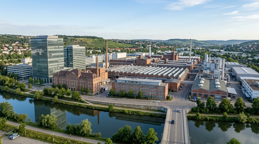 Blick auf das Konzernareal und die Verwaltungsgebäude von Mercedes-Benz in Stuttgart-Untertürkheim