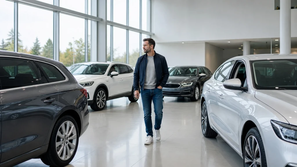 Moderner Verkaufsraum eines Autohauses mit neuen Fahrzeugen