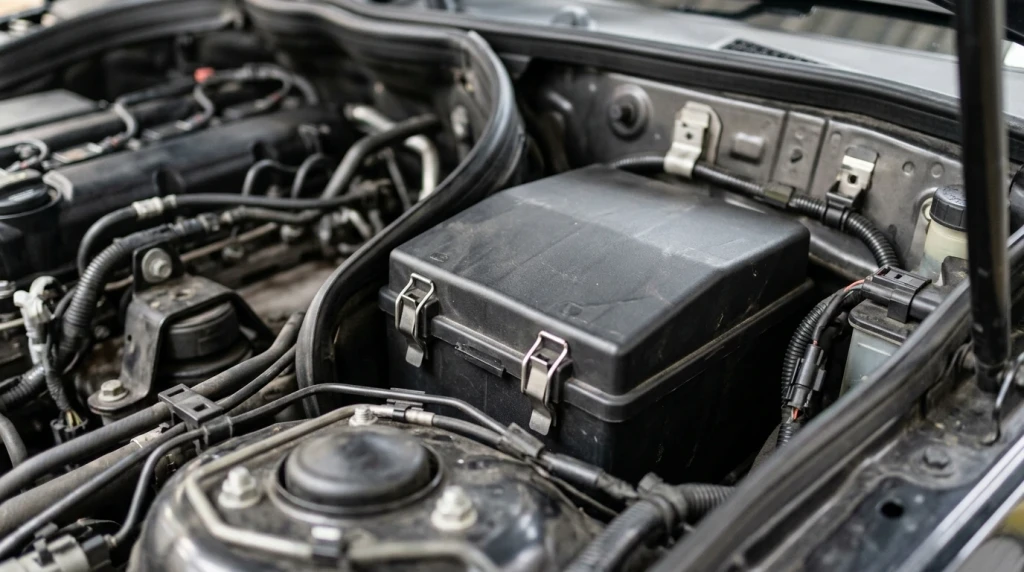 Nahaufnahme des Einbauorts der Starterbatterie hinten rechts im Motorraum des Mercedes W204.
